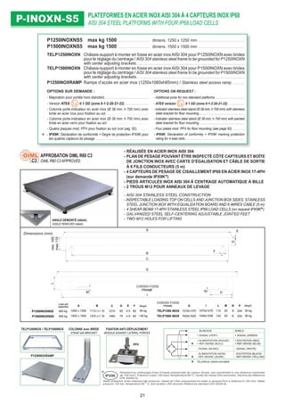 P1250INOXNS5 max kg 1500 . . . . . . . . . . . . . . . . . . . . . . . dimens. 1250 x 1250 mm . . . . . . . . . . . . . . . . . . . . . . . . . . . . . . . . .
P1500INOXNS5 max kg 1500 . . . . . . . . . . . . . . . . . . . . . . . dimens. 1500 x 1500 mm . . . . . . . . . . . . . . . . . . . . . . . . . . . . . . . . .
TELP1250INOXN Châssis-support à monter en fosse en acier inoxAISI 304 pour P1250INOXN avec brides
pour le réglage du centrage / AISI 304 stainless steel frame to be grounded for P1250INOXN
with center adjusting brackets. . . . . . . . . . . . . . . . . . . . . . . . . . . . . . . . . . . . . . . . . . . . . . . . . . . . . . . . . . . . . . . . . . . . . . . . . . . . . .
TELP1500INOXN Châssis-support à monter en fosse en acier inoxAISI 304 pour P1500INOXN avec brides
pour le réglage du centrage / AISI 304 stainless steel frame to be grounded for P1500INOXN
with center adjusting brackets. . . . . . . . . . . . . . . . . . . . . . . . . . . . . . . . . . . . . . . . . . . . . . . . . . . . . . . . . . . . . . . . . . . . . . . . . . . . . .
P1250INOXRAMP Rampe d’accès en acier inox (1250x1060xh85mm) / Stainless steel access ramp. . . . . . . . . .
OPTIONS SUR DEMANDE : OPTIONS ON REQUEST :
- Majoration pour portée hors standard. . . . . . . . . . . . . . . . . . . . . . . . . . . . . . . . - Additional price for non-standard platforms . . . . . . . . . . . . . . . . . . . .
- Version ATEX II 1 GD (zone 0-1-2-20-21-22) . . . . . . . . . . . . . . . . . - ATEX version II 1 GD (zone 0-1-2-20-21-22) . . . . . . . . . . .
- Colonne porte-indicateur en acier inox (Ø 38 mm, h 700 mm) avec
bride en acier inox pour ﬁxation au sol. . . . . . . . . . . . . . . . . . . . . . . . . . . . . . .
- Indicator stainless steel stand (Ø 38 mm, h 700 mm) with stainless
steel bracket for ﬂoor mounting . . . . . . . . . . . . . . . . . . . . . . . . . . . . . . .
- Colonne porte-indicateur en acier inox (Ø 38 mm, h 700 mm) avec
bride en acier verni pour ﬁxation au sol. . . . . . . . . . . . . . . . . . . . . . . . . . . . . .
- Indicator stainless steel stand (Ø 38 mm, h 700 mm) with painted
steel bracket for ﬂoor mounting . . . . . . . . . . . . . . . . . . . . . . . . . . . . . . .
- Quatre plaques mod. PPV pour ﬁxation au sol (voir pag. 92) . . . . . . . . - Four plates mod. PPV for ﬂoor mounting (see page 92) . . . . . . . .
- IPX9K: Déclaration de conformité + Degré de protection IPX9K pour
les quatres capteurs de pesage . . . . . . . . . . . . . . . . . . . . . . . . . . . . . . . . . . . . . .
- IPX9K: Declaration of conformity + IPX9K marking protection
rating for 4 load cells. . . . . . . . . . . . . . . . . . . . . . . . . . . . . . . . . . . . . . . . .
PLATEFORMES EN ACIER INOX AISI 304 À 4 CAPTEURS INOX IP68
AISI 304 STEEL PLATFORMS WITH FOUR IP68 LOAD CELLSP-INOXN-S5P-INOXN-S5
Dimensions (mm)
ANGLE DÉMONTÉ (détail).
ANGLE REMOVED (detail).
A
D
F
B
min105
max115
E
C
B
1110 (+/- 5)
1370 (+/- 5)
C
1210
1460
D
65
70
E
4.5
4.5
F
60
60
90 kg
130 kg
L
PN
G
M
I
A
1250 x 1250
1500 x 1500
Load cell
capacities Weight
P1250INOXNS5
P1500INOXNS5
500 kg
500 kg
TELP1250 INOX
TELP1500 INOX
I
1270x1270
1536x1536
P
204
204
N
8
6
M
20
20
L
115
120
G
1370x1370
1620x1620
30 kg
36 kg
Weight
TELAIO FOSSA
FRAME
TELAIO FOSSA
FRAME
APPROBATION OIML R60 C3
OIML R60 C3 APPROVEDC3
- RÉALISÉE EN ACIER INOX AISI 304
- PLAN DE PESAGE POUVANT ÊTRE INSPECTÉ CÔTÉ CAPTEURS ET BOÎTE
DE JONCTION INOX AVEC CARTE D’ÉGALISATION ET CÂBLE DE SORTIE
À 6 FILS CONDUCTEURS (5 m)
- 4 CAPTEURS DE PESAGE DE CISAILLEMENT IP68 EN ACIER INOX 17-4PH
(sur demande IPX9K )
- PIEDS ARTICULÉS INOX AISI 304 À CENTRAGE AUTOMATIQUE À BILLE
- 2 TROUS M12 POUR ANNEAUX DE LEVAGE
- AISI 304 STAINLESS STEEL CONSTRUCTION
- INSPECTABLE LOADING TOP ON CELLS AND JUNCTION BOX SIDES. STAINLESS
STEEL JUNCTION BOX WITH EQUALIZATION BOARD AND 6 WIRES CABLE (5 m)
- 4 SHEAR BEAM 17-4PH STAINLESS STEEL IP68 LOAD CELLS (on request IPX9K )
- GALVANIZED STEEL SELF-CENTERING ADJUSTABLE JOINTED FEET
- TWO M12 HOLES FOR LIFTING
BLINDAGE SHIELD
+ SIGNAL (VERT) + SIGNAL (GREEN)
+ ALIMENTATION (ROUGE)
+ REF./SENSE (BLEU)
+ EXCITATION (RED)
+ REF./SENSE (BLUE)
- SIGNAL (BLANC) - SIGNAL (WHITE)
- ALIMENTATION (NOIR)
- REF./SENSE (JAUNE)
- EXCITATION (BLACK)
- REF./SENSE (YELLOW)
Où prévus (where provided)
TELP1250INOX / TELP1500INOX COLONNE avec BRIDE
STAND with BRACKET
Résistant au nettoyage d’eau à haute pression/jet de vapeur (Essai: eau pulvérisée à une distance maximale
de 150 mm). Pression d’eau 100 bars; température 80°C; durée de l’essai 250 secondes. (Norme de référence
DIN 40050-9).
IPX9K
Water protection when cleaning high pressure / steam jet (Test: pressurized hot water is sprayed from a distance of 150 mm). Water
pressure 100 bar; temperature 80 ° C; test duration 250 seconds (Reference standard DIN 40050-9).
FIXATION ANTI-DÉPLACEMENT
MODULE AGAINST LATERAL FORCES
PPV
P1250INOXRAMP
CHÂSSIS FOSSE
CHÂSSIS FOSSE
21
 