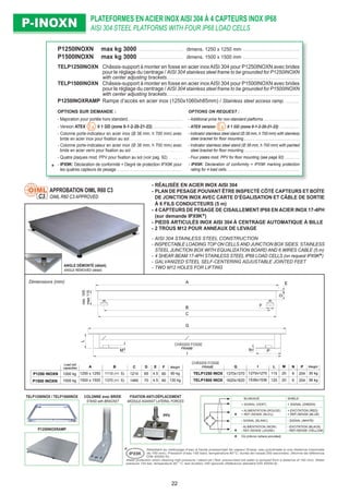 P1250INOXN max kg 3000 . . . . . . . . . . . . . . . . . . . . . . . . . . dimens. 1250 x 1250 mm . . . . . . . . . . . . . . . . . . . . . . . . . . . . . . . . .
P1500INOXN max kg 3000 . . . . . . . . . . . . . . . . . . . . . . . . . . dimens. 1500 x 1500 mm . . . . . . . . . . . . . . . . . . . . . . . . . . . . . . . . .
TELP1250INOXN Châssis-support à monter en fosse en acier inoxAISI 304 pour P1250INOXN avec brides
pour le réglage du centrage / AISI 304 stainless steel frame to be grounded for P1250INOXN
with center adjusting brackets. . . . . . . . . . . . . . . . . . . . . . . . . . . . . . . . . . . . . . . . . . . . . . . . . . . . . . . . . . . . . . . . . . . . . . . . . . . . . .
TELP1500INOXN Châssis-support à monter en fosse en acier inoxAISI 304 pour P1500INOXN avec brides
pour le réglage du centrage / AISI 304 stainless steel frame to be grounded for P1500INOXN
with center adjusting brackets. . . . . . . . . . . . . . . . . . . . . . . . . . . . . . . . . . . . . . . . . . . . . . . . . . . . . . . . . . . . . . . . . . . . . . . . . . . . . .
P1250INOXRAMP Rampe d’accès en acier inox (1250x1060xh85mm) / Stainless steel access ramp. . . . . . . . . .
OPTIONS SUR DEMANDE : OPTIONS ON REQUEST :
- Majoration pour portée hors standard. . . . . . . . . . . . . . . . . . . . . . . . . . . . . . . . - Additional price for non-standard platforms . . . . . . . . . . . . . . . . . . . .
- Version ATEX II 1 GD (zone 0-1-2-20-21-22) . . . . . . . . . . . . . . . . . - ATEX version II 1 GD (zone 0-1-2-20-21-22) . . . . . . . . . . .
- Colonne porte-indicateur en acier inox (Ø 38 mm, h 700 mm) avec
bride en acier inox pour ﬁxation au sol. . . . . . . . . . . . . . . . . . . . . . . . . . . . . . .
- Indicator stainless steel stand (Ø 38 mm, h 700 mm) with stainless
steel bracket for ﬂoor mounting . . . . . . . . . . . . . . . . . . . . . . . . . . . . . . .
- Colonne porte-indicateur en acier inox (Ø 38 mm, h 700 mm) avec
bride en acier verni pour ﬁxation au sol. . . . . . . . . . . . . . . . . . . . . . . . . . . . . .
- Indicator stainless steel stand (Ø 38 mm, h 700 mm) with painted
steel bracket for ﬂoor mounting . . . . . . . . . . . . . . . . . . . . . . . . . . . . . . .
- Quatre plaques mod. PPV pour ﬁxation au sol (voir pag. 92) . . . . . . . . - Four plates mod. PPV for ﬂoor mounting (see page 92) . . . . . . . .
- IPX9K: Déclaration de conformité + Degré de protection IPX9K pour
les quatres capteurs de pesage . . . . . . . . . . . . . . . . . . . . . . . . . . . . . . . . . . . . . .
- IPX9K: Declaration of conformity + IPX9K marking protection
rating for 4 load cells. . . . . . . . . . . . . . . . . . . . . . . . . . . . . . . . . . . . . . . . .
PLATEFORMES EN ACIER INOX AISI 304 À 4 CAPTEURS INOX IP68
AISI 304 STEEL PLATFORMS WITH FOUR IP68 LOAD CELLSP-INOXNP-INOXN
BLINDAGE SHIELD
+ SIGNAL (VERT) + SIGNAL (GREEN)
+ ALIMENTATION (ROUGE)
+ REF./SENSE (BLEU)
+ EXCITATION (RED)
+ REF./SENSE (BLUE)
- SIGNAL (BLANC) - SIGNAL (WHITE)
- ALIMENTATION (NOIR)
- REF./SENSE (JAUNE)
- EXCITATION (BLACK)
- REF./SENSE (YELLOW)
Où prévus (where provided)
TELP1250INOX / TELP1500INOX COLONNE avec BRIDE
STAND with BRACKET
Résistant au nettoyage d’eau à haute pression/jet de vapeur (Essai: eau pulvérisée à une distance maximale
de 150 mm). Pression d’eau 100 bars; température 80°C; durée de l’essai 250 secondes. (Norme de référence
DIN 40050-9).
IPX9K
Water protection when cleaning high pressure / steam jet (Test: pressurized hot water is sprayed from a distance of 150 mm). Water
pressure 100 bar; temperature 80 ° C; test duration 250 seconds (Reference standard DIN 40050-9).
FIXATION ANTI-DÉPLACEMENT
MODULE AGAINST LATERAL FORCES
PPV
APPROBATION OIML R60 C3
OIML R60 C3 APPROVEDC3
Dimensions (mm)
ANGLE DÉMONTÉ (détail).
ANGLE REMOVED (detail).
A D
FB
min105
max115
E
C
B
1110 (+/- 5)
1370 (+/- 5)
C
1210
1460
D
65
70
E
4.5
4.5
F
60
60
90 kg
130 kg
L
PN
G
M
I
A
1250 x 1250
1500 x 1500
Load cell
capacities Weight
P1250 INOXN
P1500 INOXN
1000 kg
1000 kg
TELP1250 INOX
TELP1500 INOX
I
1270x1270
1536x1536
P
204
204
N
8
6
M
20
20
L
115
120
G
1370x1370
1620x1620
30 kg
36 kg
Weight
TELAIO FOSSA
FRAME
TELAIO FOSSA
FRAME
- RÉALISÉE EN ACIER INOX AISI 304
- PLAN DE PESAGE POUVANT ÊTRE INSPECTÉ CÔTÉ CAPTEURS ET BOÎTE
DE JONCTION INOX AVEC CARTE D’ÉGALISATION ET CÂBLE DE SORTIE
À 6 FILS CONDUCTEURS (5 m)
- 4 CAPTEURS DE PESAGE DE CISAILLEMENT IP68 EN ACIER INOX 17-4PH
(sur demande IPX9K )
- PIEDS ARTICULÉS INOX AISI 304 À CENTRAGE AUTOMATIQUE À BILLE
- 2 TROUS M12 POUR ANNEAUX DE LEVAGE
- AISI 304 STAINLESS STEEL CONSTRUCTION
- INSPECTABLE LOADING TOP ON CELLS AND JUNCTION BOX SIDES. STAINLESS
STEEL JUNCTION BOX WITH EQUALIZATION BOARD AND 6 WIRES CABLE (5 m)
- 4 SHEAR BEAM 17-4PH STAINLESS STEEL IP68 LOAD CELLS (on request IPX9K )
- GALVANIZED STEEL SELF-CENTERING ADJUSTABLE JOINTED FEET
- TWO M12 HOLES FOR LIFTING
CHÂSSIS FOSSE
CHÂSSIS FOSSE
P1250INOXRAMP
22
 