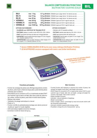 BALANCES COMPTEUSES MULTIFONCTIONS
MULTIFUNCTION / COUNTING SCALES BILBIL
* Version HOMOLOGUÉES CE-M fournie avec sceau métrique (Vériﬁcation Primitive)
* CE-M APPROVED versions equipped with metric seal (Initial Veriﬁcation)
Fonctions principales
- Fonction de comptage des pièces avec afﬁchage séquentiel du nombre
de pièces, poids moyen unitaire de chaque pièce, poids total des pièces
présentes dans la balance.
- Sortie RS232 pour la connexion au PC ou à imprimante de table STAVT
pour imprimer Logo du client ou en-tête, date, heure, poids net, poids mo-
yen unitaire, nombre de pièces, poids total et nombre total de pièces.
- Afﬁcheur rétro éclairé.
- Totalisation de pesage automatique ou manuel.
- Pesée en %.
- Fonction contrôle du poids/pièces/pourcentage avec alarme sonore et
visuelle par rapport à 2 seuils réglables.
- Arrêt automatique réglable (économie d’énergie).
- Conversion d’unité de mesure de kg à g.
Main functions
- Counting function with displaying in sequence the number of pieces, the
average unit weight of each piece, total weight of the pieces.
- RS232 Output for connection to PC or impact printer series STAVT to print
customer Logo or header, date, time, net weight, average unit weight, No.
of pieces, total weight, Total number of pieces.
- Display backlight command.
- Automatic / manual totalization of weighings.
- Weight in percentage %.
- Check of weight / pieces / percentage by visual and acoustic alarms with
two thresholds programmable.
- Automatic shutdown programmable (energy saving).
- Possibility to change the unit of measurement: kg to g.
M
PIATTOBACSTAVT
* VERSIONS POUR UTILISATION LÉGALE
EN RAPPORT AVEC TIERS
( Legal for trade use )
BIL6 max 6 kg 0.1 g division / division (pour usage interne / for internal use only). . . . . . . . . . . . . .
BIL15 max 15 kg 0.2 g division / division (pour usage interne / for internal use only). . . . . . . . . . . . . .
BIL30 max 30 kg 0.5 g division / division (pour usage interne / for internal use only). . . . . . . . . . . . . .
VERIBIL6 max 3/6 kg 1/2 g division / division (approuvé CE-M / legal for trade use). . . . . . . . . . . . . . . . . . .
VERIBIL15 max 6/15 kg 2/5 g division / division (approuvé CE-M / legal for trade use). . . . . . . . . . . . . . . . . . .
VERIBIL30 max 15/30 kg 5/10 g division / division (approuvé CE-M / legal for trade use). . . . . . . . . . . . . . . . . . .
OPTIONS SUR DEMANDE : OPTIONS ON REQUEST :
- CALIBRAGE avec CERTIFICAT DE TRAÇABILITÉ SIT . . . . . . . . . . . - Calibration with SIT traceability certiﬁcate . . . . . . . . . . . . . . . . . . . . .
- PIATTOBAC plateau à cuvette en acier INOX 230 x 300 x h40mm - PIATTOBAC stainless steel deep tray 230 x 300 x h 40 mm . . . .
- STAVT imprimante thermique de table avec horloge/calendrier. . . . . - STAVT desk thermal printer with real-time clock . . . . . . . . . . . . . . .
- CARTASTAVT rouler de papier thermique (largeur 57,5 mm; longueur
15 m; diamètre extérieur 0 mm) . . . . . . . . . . . . . . . . . . . . . . . . . . . . . . . . . . . . .
- CARTASTAVT thermal paper roll (width 57.5 mm; length 15 m;
outside diameter 40 mm) . . . . . . . . . . . . . . . . . . . . . . . . . . . . . . . . . . . .
- CARTAFISCADE rouler de papier thermique collant (largeur 57,5
mm; longueur 15 m; diamètre extérieur 50 mm). . . . . . . . . . . . . . . . . . . . .
- CARTAFISCADE thermal adhesive paper roll (width 57.5 mm;
length 15 m; outside diameter 50 mm) . . . . . . . . . . . . . . . . . . . . . . . .
5
 