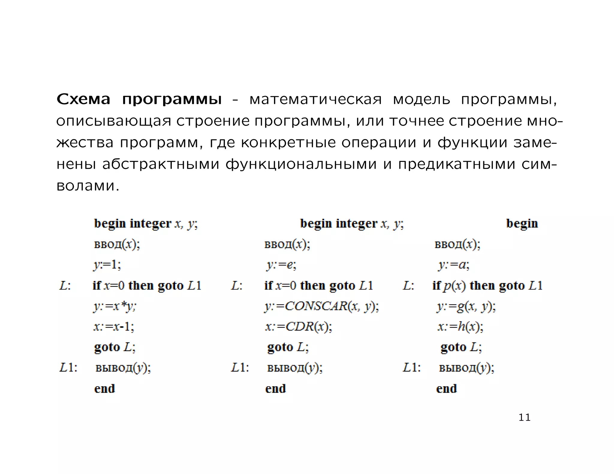 Схема программы - математическая модель программы,
описывающая строение программы, или точнее строение мно-
жества программ, где конкретные операции и функции заме-
нены абстрактными функциональными и предикатными сим-
волами.




                                                  11
 