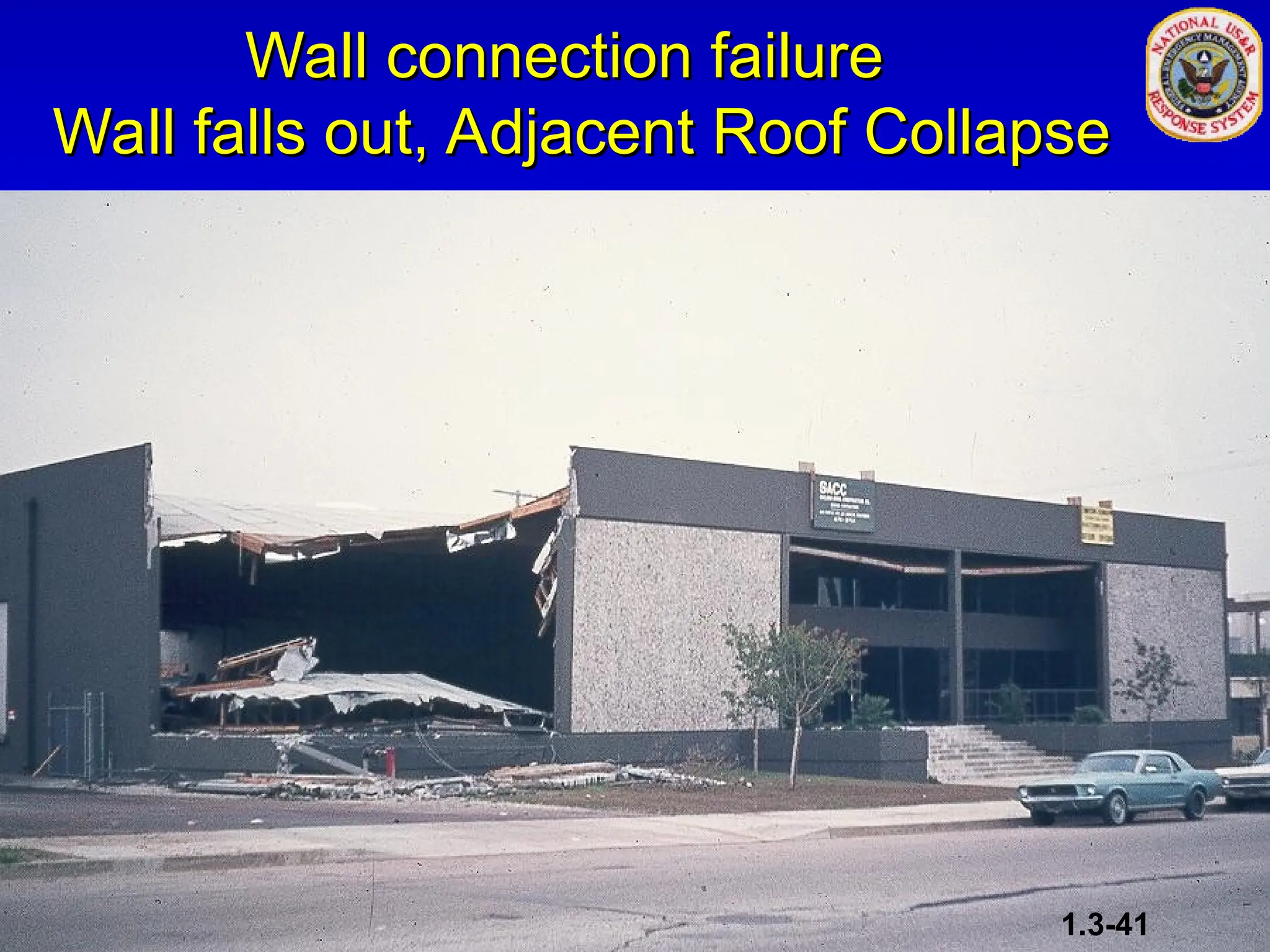 Wall connection failure
Wall connection failure
Wall falls out, Adjacent Roof Collapse
Wall falls out, Adjacent Roof Collapse
1.3-41
 
