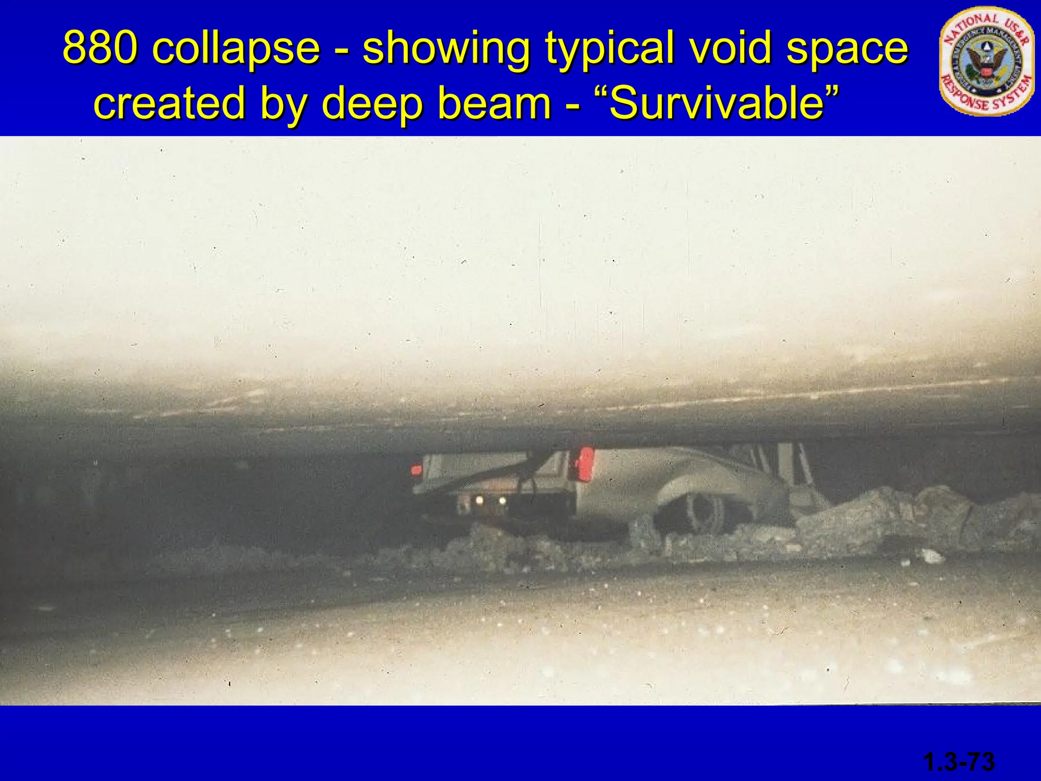 880 collapse - showing typical void space
880 collapse - showing typical void space
created by deep beam - “Survivable”
created by deep beam - “Survivable”
1.3-73
 