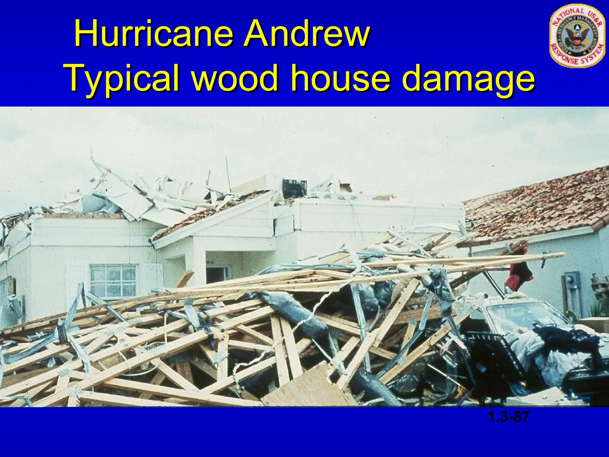 Hurricane Andrew
Hurricane Andrew
Typical wood house damage
Typical wood house damage
1.3-87
 