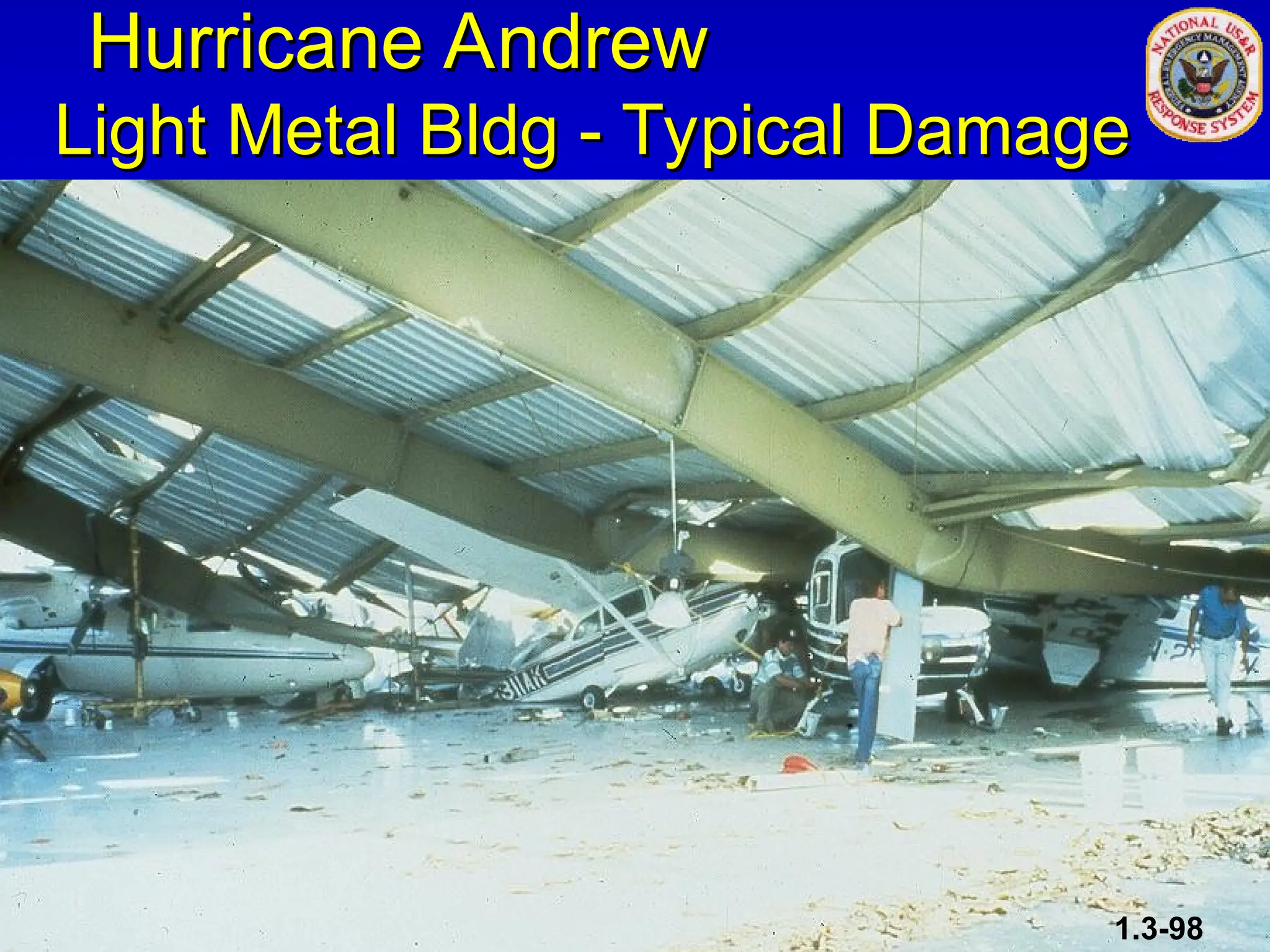 Hurricane Andrew
Hurricane Andrew
Light Metal Bldg - Typical Damage
Light Metal Bldg - Typical Damage
1.3-98
 