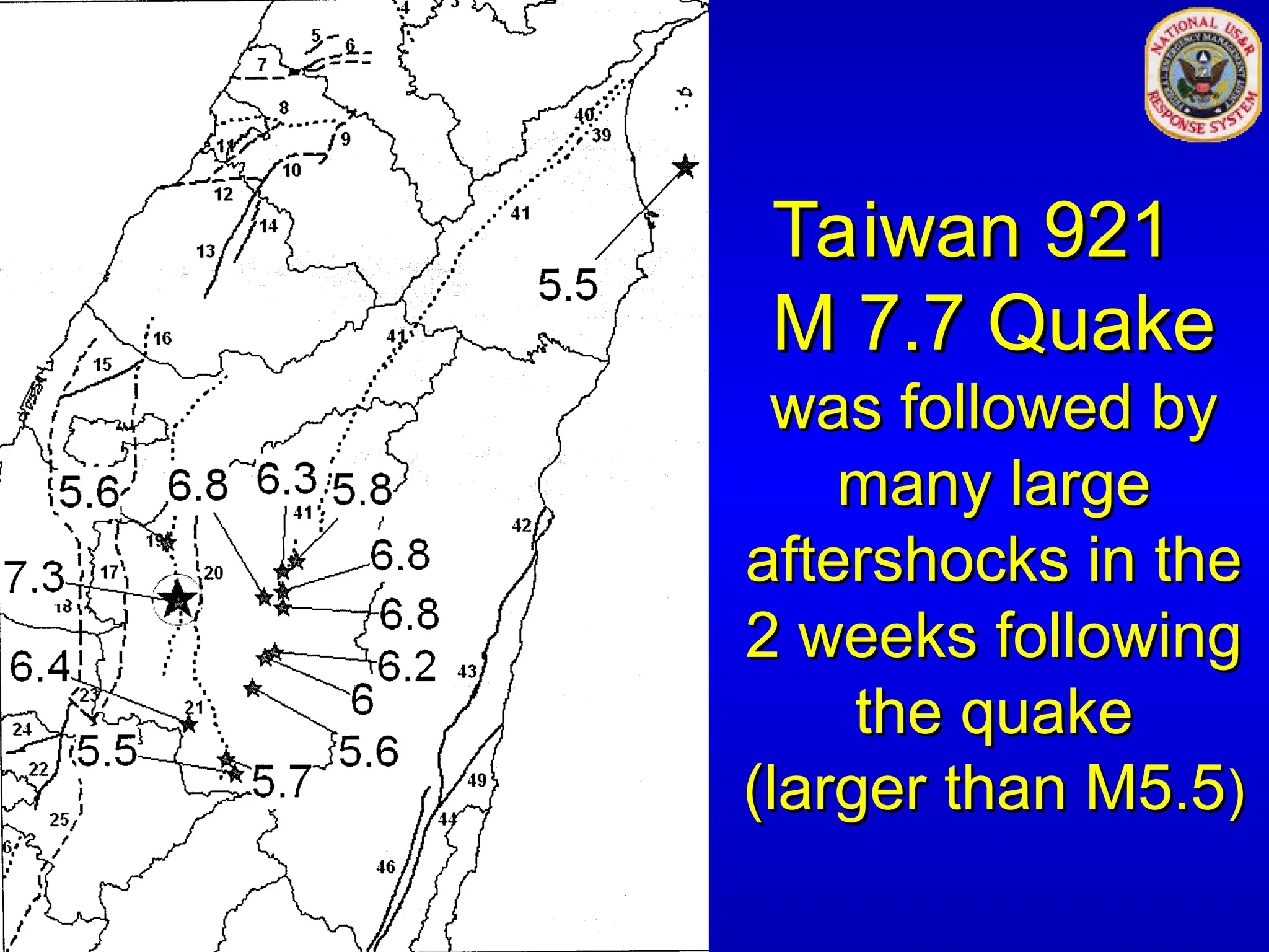 Taiwan 921
Taiwan 921
M 7.7 Quake
M 7.7 Quake
was followed by
was followed by
many large
many large
aftershocks in the
aftershocks in the
2 weeks following
2 weeks following
the quake
the quake
(larger than M5.5
(larger than M5.5)
)
1.1-21
 