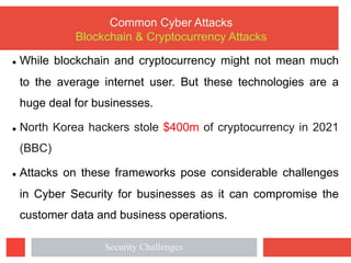 l While blockchain and cryptocurrency might not mean much
to the average internet user. But these technologies are a
huge deal for businesses.
l North Korea hackers stole $400m of cryptocurrency in 2021
(BBC)
l Attacks on these frameworks pose considerable challenges
in Cyber Security for businesses as it can compromise the
customer data and business operations.
Common Cyber Attacks
Blockchain & Cryptocurrency Attacks
Security Challenges
 