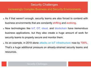 Security Challenges
Increasingly Complex Business and Security Environments
l As if that weren’t enough, security teams are also forced to contend with
business environments that are constantly shifting and evolving.
l New technologies like IoT, OT, cloud, and blockchain have tremendous
business applications, but they also create a huge amount of work for
security teams to properly secure and monitor them.
l As an example, in 2019 alone attacks on IoT infrastructure rose by 700%.
That’s a huge additional pressure on already-strained security teams and
resources.
Security Challenges
 