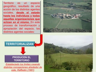 Territorio es un espacio
geográfico, resultado de una
acción de los distintos agentes
sociales, desde el estado
hasta los individuos y todas
aquellas organizaciones que
actúan en el mismo. En este
proceso de transformación y
apropiación del espacio, los
distintos agentes sociales:
TERRITORIALIZAN
PRODUCEN EL
TERRITORIO
Estableciedo los limites creando
distintas concepciones alrededor de
este. Raffestin (1981)
 