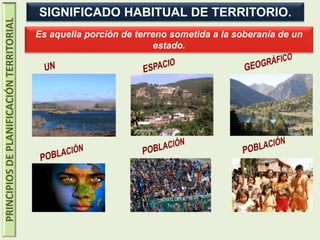 PRINCIPIOSDEPLANIFICACIÓNTERRITORIAL SIGNIFICADO HABITUAL DE TERRITORIO.
Es aquella porción de terreno sometida a la soberanía de un
estado.
 