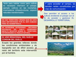 Tanto para habitar como para cultivar
es necesario intervenir el paisaje:
ejemplo cultivos en las montañas,
invernaderos infraestructuras, espacio
naturales transformados.
Y para acceder al campo, se
tienden redes constituidas por
vías de comunicación-
Ecepto los grandes relieves donde
las condiciones ambientales y de
topografia son de dificil acceso; el
resto del territorio esta intervenido
por el hombre.
NO HAY TERRITORIO VIRGEN QUE NO HAYA
SIDO INETERVENIDO POR EL SER HUMANO
PARA SU SUBSISTENCIA.
SE INTERVIENE ESTRAYENDO RECURSOS
NATURALES DEL SUELO GENERANDO
IMPACTO NEGATIVO SOBRE EL TERRITORIO,
DETERIORANDO EL PAISAJE NATURAL
EL USO IRRACIONAL DEL SUELO/
CONSUM DEL SUELO.
Que permiten el acceso a los
cultivos dividiendo el paisaje con el
fin de acceder y gestionar EL
DESARROLLO TERRITORIAL.
DESARROLLOREGIONAL
 