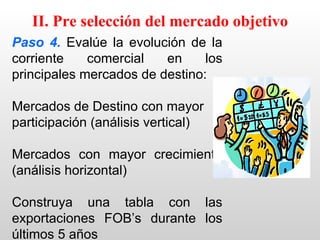 II. Pre selección del mercado objetivo
Paso 4. Evalúe la evolución de la
corriente    comercial   en     los
principales mercados de destino:

Mercados de Destino con mayor
participación (análisis vertical)

Mercados con mayor crecimiento
(análisis horizontal)

Construya una tabla con las
exportaciones FOB’s durante los
últimos 5 años
 