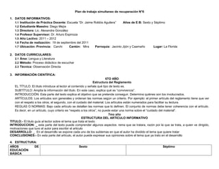 Plan de trabajo simultaneo de recuperación N°6

1. DATOS INFORMATIVOS:
   1.1 Institución de Práctica Docente: Escuela “Dr. Jaime Roldós Aguilera”    Años de E:B: Sexto y Séptimo
   1.2 Estudiante Maestro: Diego Mejía
   1.3 Directora: Lic. Alexandra González
   1.4 Profesor Supervisor: Dr. Arturo Espinoza
   1.5 Año Lectivo: 2011 – 2012
   1.6 Fecha de realización: 19 de septiembre del 2011
   1.7 Ubicación: Provincia: Carchi       Cantón: Mira      Parroquia: Jacinto Jijón y Caamaño      Lugar: La Florida

2. DATOS CURRICULARES:
   2.1 Área: Lengua y Literatura
   2.2 Método: Proceso didáctico de escuchar
   2.3 Técnica: Observación Directa

3. INFORMACIÓN CIENTÍFICA:
                                                                          6TO AÑO
                                                                Estructura del Reglamento
   EL TÍTULO: El título introduce al lector al contenido y señala qué tipo de texto es.
   SUBTÍTULO: Amplía la información del título. En este caso, explica qué es “convivencia”.
   INTRODUCCIÓN: Esta parte del texto explica el objetivo que se pretende conseguir. Determina quiénes son los involucrados.
   ARTÍCULOS: Los artículos son generales y ordenan las normas según un criterio. Por ejemplo: el primer artículo del reglamento tiene que ver
   con el respeto a los otros; el segundo, con el cuidado del material. Los artículos están numerados para facilitar su lectura.
   REGLAS O NORMAS: Bajo cada artículo se detallan las normas que lo definen. El conjunto de normas debe tener coherencia con el artículo.
   Es decir, en un artículo, cuyo criterio es “respeto a los otros”, no puede estar una norma sobre el “cuidado del material”.
                                                                            7mo año
                                                       ESTRUCTURA DEL ARTICULO INFORMATIVO
TITULO:- El titulo guía al lector sobre el tema que trata el texto
INTRODUCCION: _ esta parte del texto puede comprender algunos aspectos: rema que se tratara, razón por la que se trata, a quien ve dirigido,
motivaciones que tuvo el autor para escribir el articulo
DESARROLLO: _ En el desarrollo se expone cada uno de los subtemas en que el autor ha dividido el tema que quiere tratar
CONCLUSIONES:- En esta parte del artículo, el autor puede expresar sus opiniones sobre el tema que ya trato en el desarrollo

4. ESTRUCTURA:
AÑOS        DE                                   Sexto                                                       Séptimo
EDUCACIÓN
BÁSICA
 