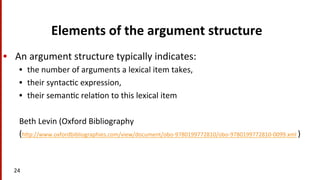 Elements	
  of	
  the	
  argument	
  structure	
  
•  An	
  argument	
  structure	
  typically	
  indicates:	
  
•  the	
  number	
  of	
  arguments	
  a	
  lexical	
  item	
  takes,	
  	
  
•  their	
  syntac(c	
  expression,	
  	
  
•  their	
  seman(c	
  rela(on	
  to	
  this	
  lexical	
  item	
  
	
  
Beth	
  Levin	
  (Oxford	
  Bibliography	
  	
  
(hYp://www.oxfordbibliographies.com/view/document/obo-­‐9780199772810/obo-­‐9780199772810-­‐0099.xml	
  )	
  
24	
  
 
