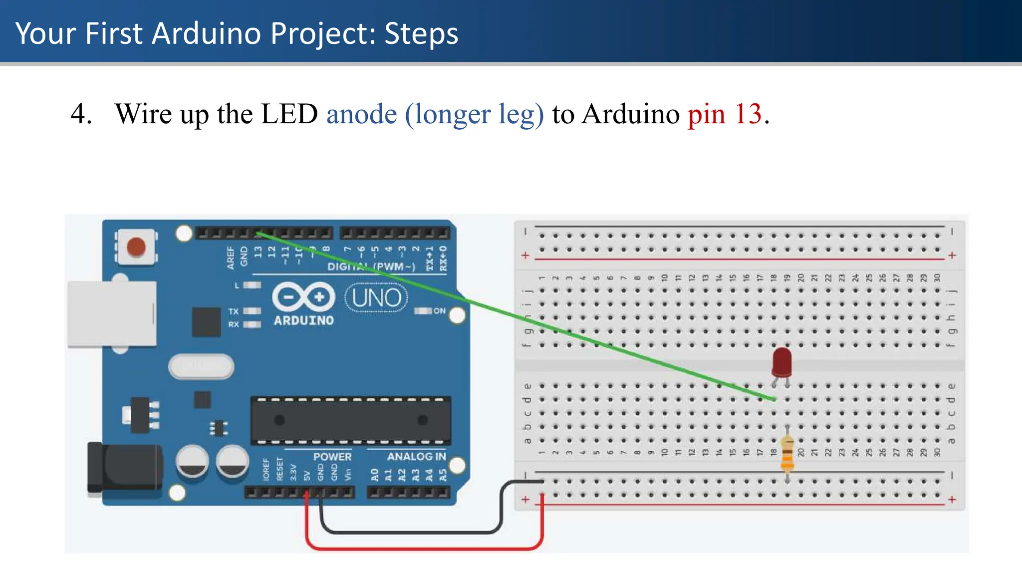 Your First Arduino Project: Steps
4. Wire up the LED anode (longer leg) to Arduino pin 13.
 