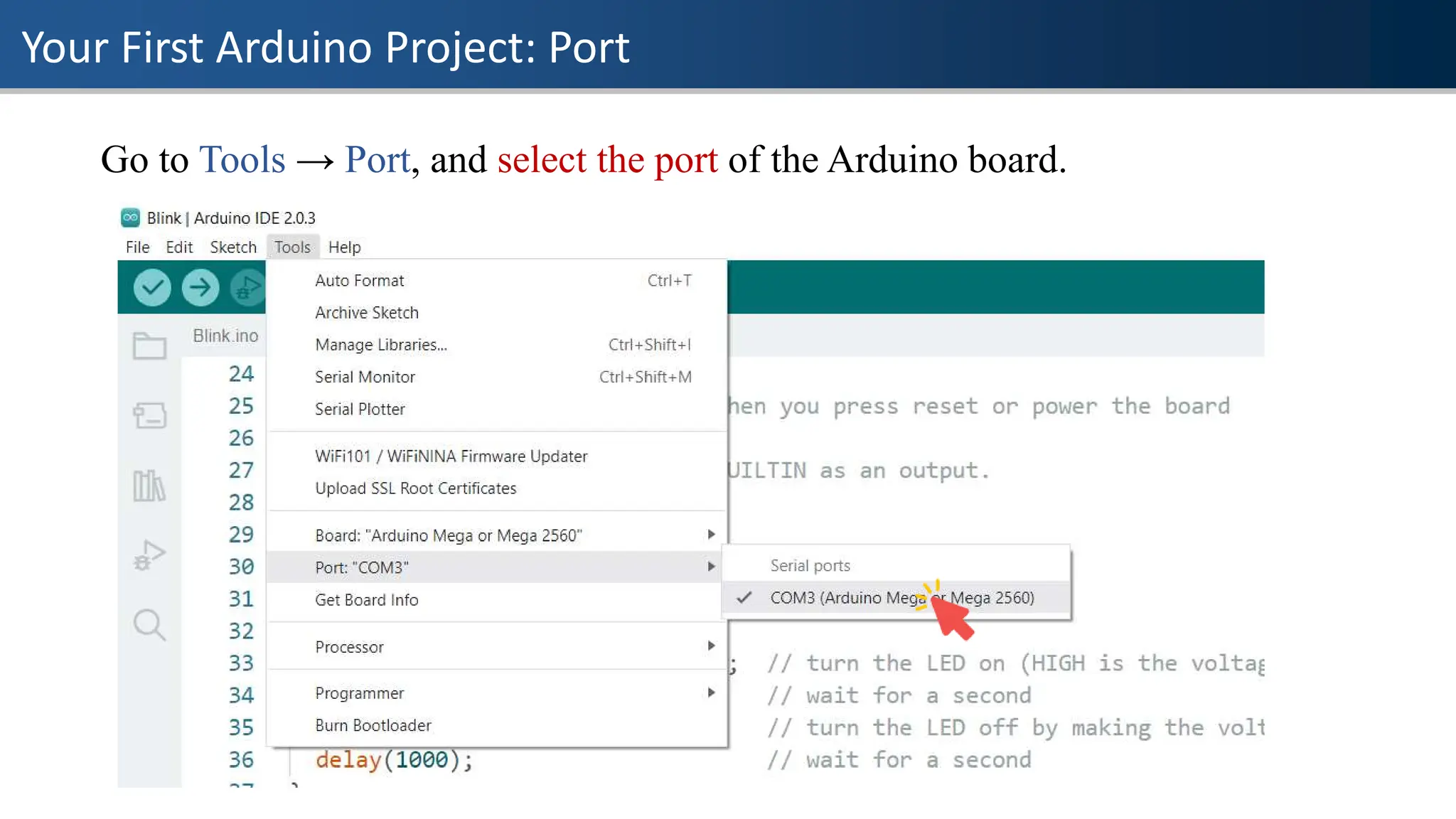 Your First Arduino Project: Port
Go to Tools → Port, and select the port of the Arduino board.
 