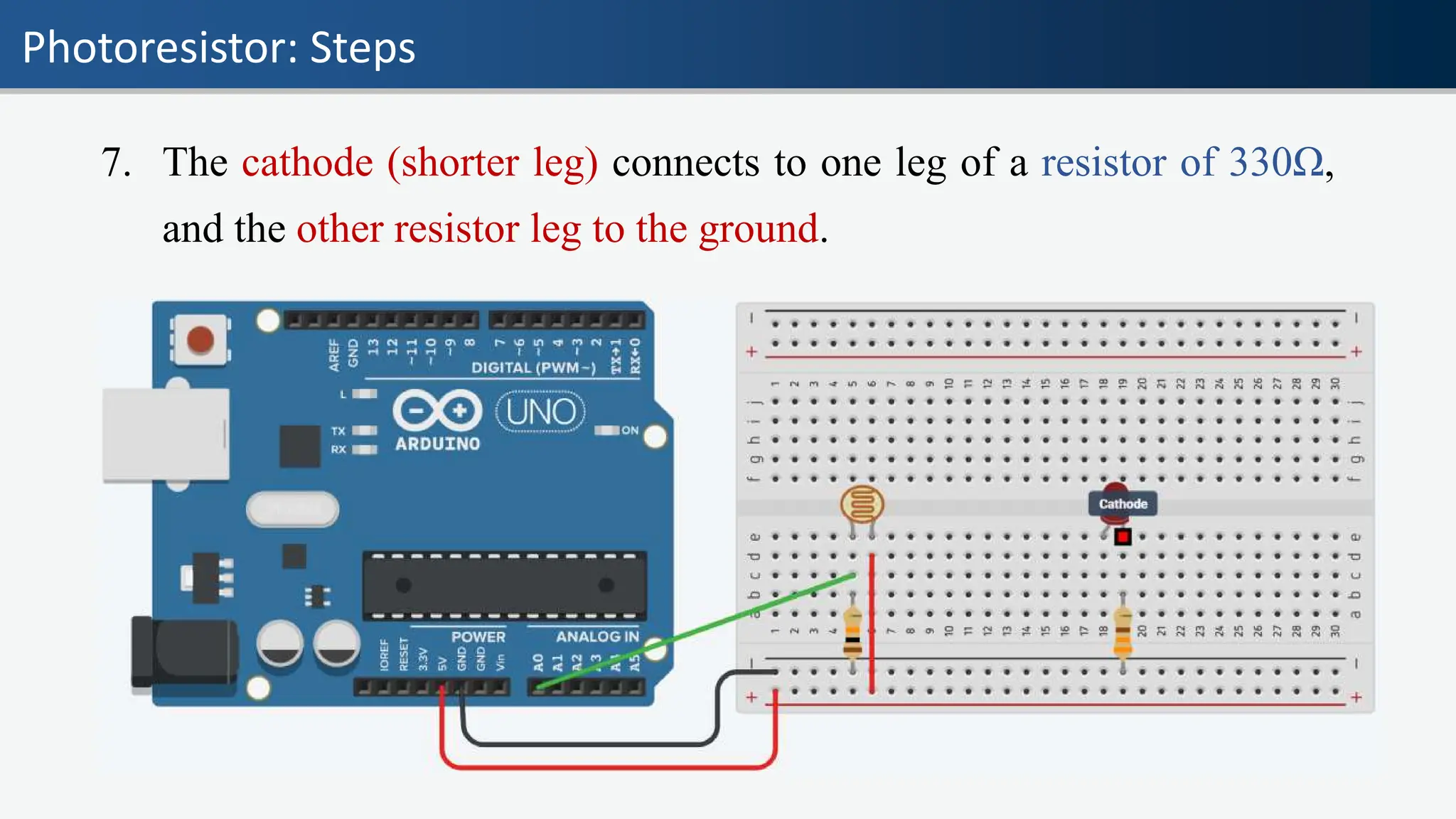 Photoresistor: Steps
7. The cathode (shorter leg) connects to one leg of a resistor of 330Ω,
and the other resistor leg to the ground.
 