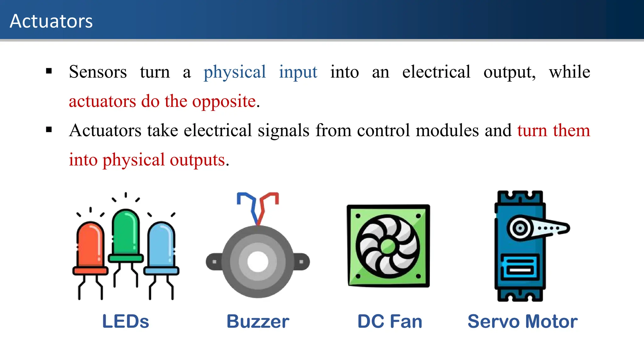 Actuators
▪ Sensors turn a physical input into an electrical output, while
actuators do the opposite.
▪ Actuators take electrical signals from control modules and turn them
into physical outputs.
LEDs Buzzer DC Fan Servo Motor
 