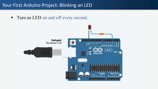 Your First Arduino Project: Blinking an LED
▪ Turn an LED on and off every second.
 