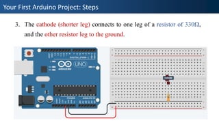 Your First Arduino Project: Steps
3. The cathode (shorter leg) connects to one leg of a resistor of 330Ω,
and the other resistor leg to the ground.
 