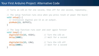 Your First Arduino Project: Alternative Code
// Turns an LED on for one second, then off for one second, repeatedly.
// The setup function runs once when you press reset or power the board
void setup() {
// Initialize digital pin 13 as an output.
pinMode(13, OUTPUT);
}
// The loop function runs over and over again forever
void loop() {
digitalWrite(13, HIGH); // Turn the LED on
delay(1000); // Wait for a second
digitalWrite(13, LOW); // Turn the LED off
delay(1000); // Wait for a second
}
 