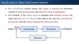 Closed-Loop vs. Open-Loop Control Systems
▪ In a closed-loop control system, the output is measured to determine
whether it is the desired output and adjust the input as appropriate.
▪ For example, if the clothes dryer is equipped with moisture sensors, the
input may be a level of dryness that adjusts the cycle by extending the
drying time until the sensors indicate the clothes are dried.
Controller Process
Sensor
Input Output
Error
 