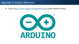 Appendix 2: Arduino Reference
▪ Go to https://www.arduino.cc/reference/en/ to learn Arduino basics.
 