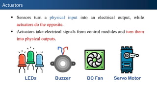 Actuators
▪ Sensors turn a physical input into an electrical output, while
actuators do the opposite.
▪ Actuators take electrical signals from control modules and turn them
into physical outputs.
LEDs Buzzer DC Fan Servo Motor
 
