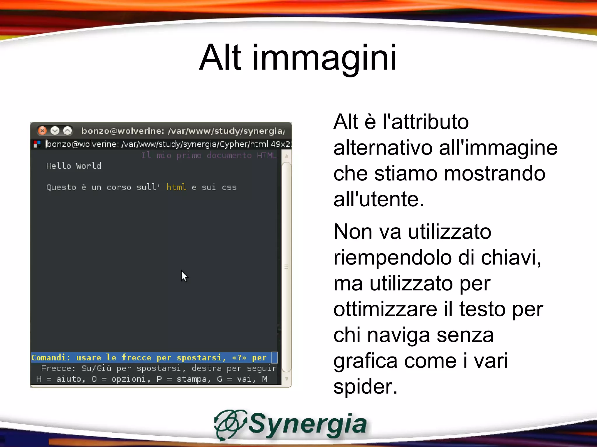 Alt immagini
        Alt è l'attributo
        alternativo all'immagine
        che stiamo mostrando
        all'utente.
        Non va utilizzato
        riempendolo di chiavi,
        ma utilizzato per
        ottimizzare il testo per
        chi naviga senza
        grafica come i vari
        spider.
 