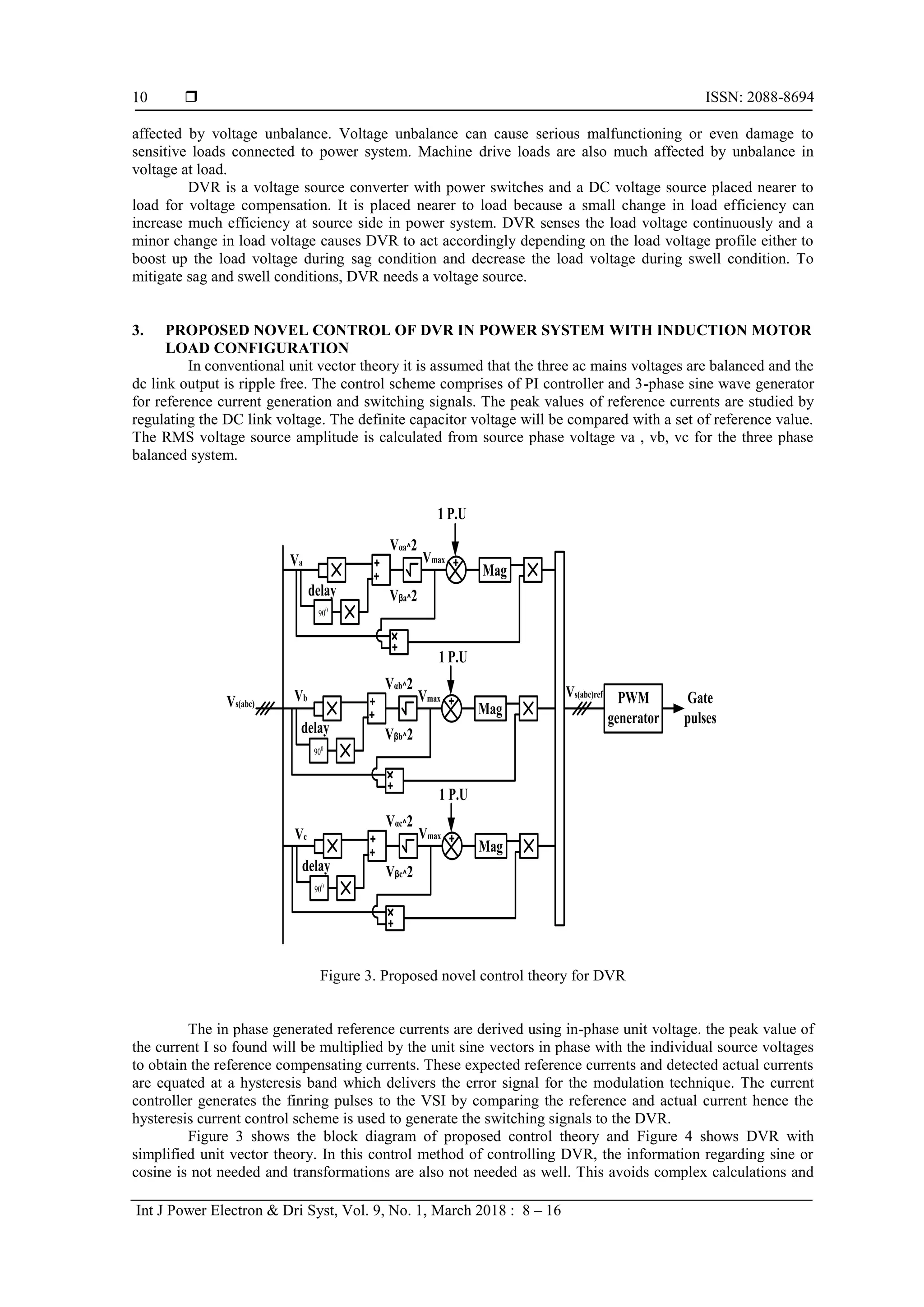  ISSN: 2088-8694
Int J Power Electron & Dri Syst, Vol. 9, No. 1, March 2018 : 8 – 16
10
affected by voltage unbalance. Voltage unbalance can cause serious malfunctioning or even damage to
sensitive loads connected to power system. Machine drive loads are also much affected by unbalance in
voltage at load.
DVR is a voltage source converter with power switches and a DC voltage source placed nearer to
load for voltage compensation. It is placed nearer to load because a small change in load efficiency can
increase much efficiency at source side in power system. DVR senses the load voltage continuously and a
minor change in load voltage causes DVR to act accordingly depending on the load voltage profile either to
boost up the load voltage during sag condition and decrease the load voltage during swell condition. To
mitigate sag and swell conditions, DVR needs a voltage source.
3. PROPOSED NOVEL CONTROL OF DVR IN POWER SYSTEM WITH INDUCTION MOTOR
LOAD CONFIGURATION
In conventional unit vector theory it is assumed that the three ac mains voltages are balanced and the
dc link output is ripple free. The control scheme comprises of PI controller and 3-phase sine wave generator
for reference current generation and switching signals. The peak values of reference currents are studied by
regulating the DC link voltage. The definite capacitor voltage will be compared with a set of reference value.
The RMS voltage source amplitude is calculated from source phase voltage va , vb, vc for the three phase
balanced system.
0
90
+
+
+
1 P.U
Mag
Vmax
+
Vαa^2
Vβa^2
0
90
+
+
+
Mag
Vmax
+
Vαb^2
Vβb^2
1 P.U
0
90
+
+
+
Mag
Vmax
+
Vαc^2
Vβc^2
1 P.U
PWM
generator
Gate
pulses
Va
Vb
Vc
delay
delay
delay
Vs(abc)
Vs(abc)ref
Figure 3. Proposed novel control theory for DVR
The in phase generated reference currents are derived using in-phase unit voltage. the peak value of
the current I so found will be multiplied by the unit sine vectors in phase with the individual source voltages
to obtain the reference compensating currents. These expected reference currents and detected actual currents
are equated at a hysteresis band which delivers the error signal for the modulation technique. The current
controller generates the finring pulses to the VSI by comparing the reference and actual current hence the
hysteresis current control scheme is used to generate the switching signals to the DVR.
Figure 3 shows the block diagram of proposed control theory and Figure 4 shows DVR with
simplified unit vector theory. In this control method of controlling DVR, the information regarding sine or
cosine is not needed and transformations are also not needed as well. This avoids complex calculations and
 