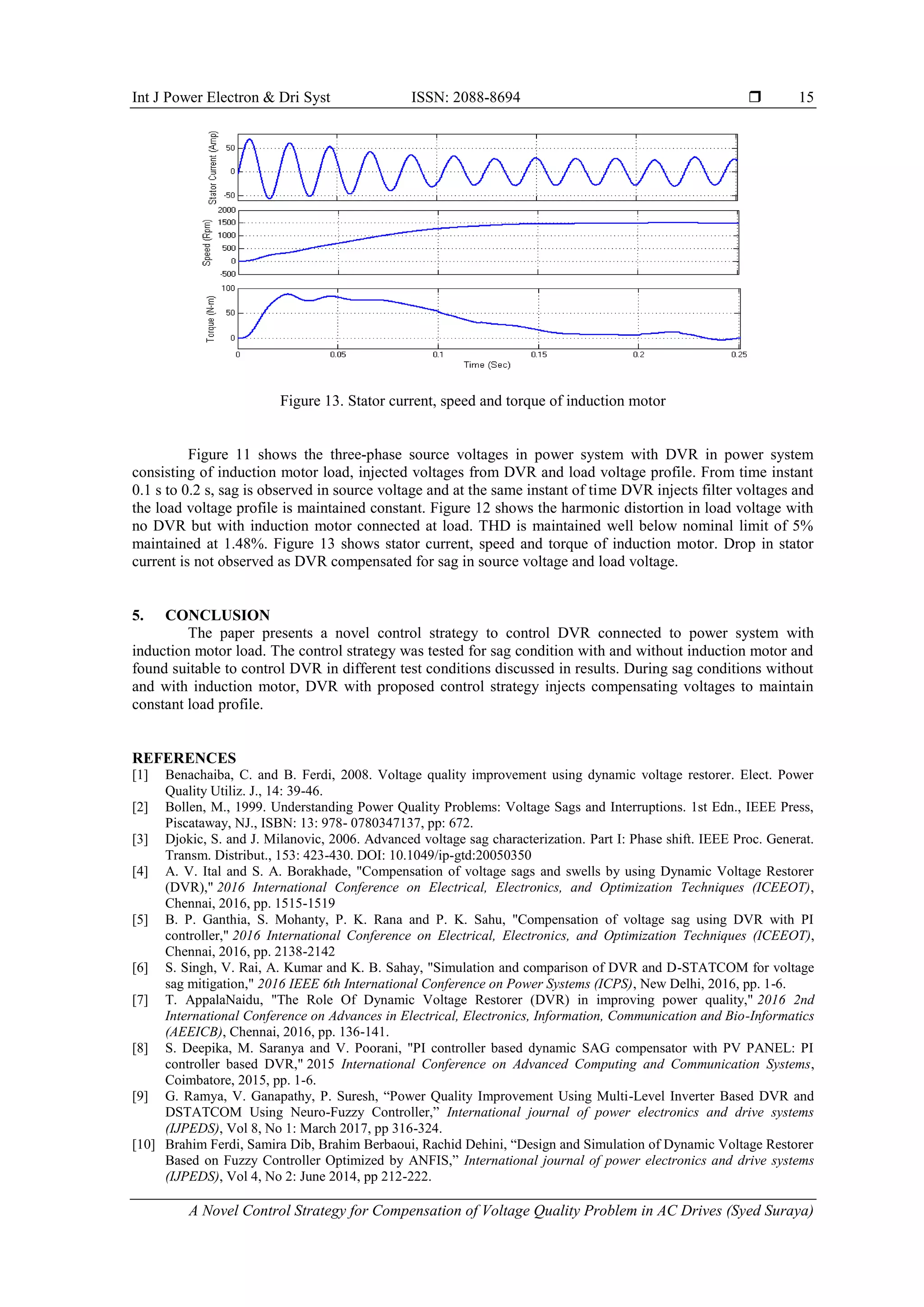 Int J Power Electron & Dri Syst ISSN: 2088-8694 
A Novel Control Strategy for Compensation of Voltage Quality Problem in AC Drives (Syed Suraya)
15
Figure 13. Stator current, speed and torque of induction motor
Figure 11 shows the three-phase source voltages in power system with DVR in power system
consisting of induction motor load, injected voltages from DVR and load voltage profile. From time instant
0.1 s to 0.2 s, sag is observed in source voltage and at the same instant of time DVR injects filter voltages and
the load voltage profile is maintained constant. Figure 12 shows the harmonic distortion in load voltage with
no DVR but with induction motor connected at load. THD is maintained well below nominal limit of 5%
maintained at 1.48%. Figure 13 shows stator current, speed and torque of induction motor. Drop in stator
current is not observed as DVR compensated for sag in source voltage and load voltage.
5. CONCLUSION
The paper presents a novel control strategy to control DVR connected to power system with
induction motor load. The control strategy was tested for sag condition with and without induction motor and
found suitable to control DVR in different test conditions discussed in results. During sag conditions without
and with induction motor, DVR with proposed control strategy injects compensating voltages to maintain
constant load profile.
REFERENCES
[1] Benachaiba, C. and B. Ferdi, 2008. Voltage quality improvement using dynamic voltage restorer. Elect. Power
Quality Utiliz. J., 14: 39-46.
[2] Bollen, M., 1999. Understanding Power Quality Problems: Voltage Sags and Interruptions. 1st Edn., IEEE Press,
Piscataway, NJ., ISBN: 13: 978- 0780347137, pp: 672.
[3] Djokic, S. and J. Milanovic, 2006. Advanced voltage sag characterization. Part I: Phase shift. IEEE Proc. Generat.
Transm. Distribut., 153: 423-430. DOI: 10.1049/ip-gtd:20050350
[4] A. V. Ital and S. A. Borakhade, "Compensation of voltage sags and swells by using Dynamic Voltage Restorer
(DVR)," 2016 International Conference on Electrical, Electronics, and Optimization Techniques (ICEEOT),
Chennai, 2016, pp. 1515-1519
[5] B. P. Ganthia, S. Mohanty, P. K. Rana and P. K. Sahu, "Compensation of voltage sag using DVR with PI
controller," 2016 International Conference on Electrical, Electronics, and Optimization Techniques (ICEEOT),
Chennai, 2016, pp. 2138-2142
[6] S. Singh, V. Rai, A. Kumar and K. B. Sahay, "Simulation and comparison of DVR and D-STATCOM for voltage
sag mitigation," 2016 IEEE 6th International Conference on Power Systems (ICPS), New Delhi, 2016, pp. 1-6.
[7] T. AppalaNaidu, "The Role Of Dynamic Voltage Restorer (DVR) in improving power quality," 2016 2nd
International Conference on Advances in Electrical, Electronics, Information, Communication and Bio-Informatics
(AEEICB), Chennai, 2016, pp. 136-141.
[8] S. Deepika, M. Saranya and V. Poorani, "PI controller based dynamic SAG compensator with PV PANEL: PI
controller based DVR," 2015 International Conference on Advanced Computing and Communication Systems,
Coimbatore, 2015, pp. 1-6.
[9] G. Ramya, V. Ganapathy, P. Suresh, “Power Quality Improvement Using Multi-Level Inverter Based DVR and
DSTATCOM Using Neuro-Fuzzy Controller,” International journal of power electronics and drive systems
(IJPEDS), Vol 8, No 1: March 2017, pp 316-324.
[10] Brahim Ferdi, Samira Dib, Brahim Berbaoui, Rachid Dehini, “Design and Simulation of Dynamic Voltage Restorer
Based on Fuzzy Controller Optimized by ANFIS,” International journal of power electronics and drive systems
(IJPEDS), Vol 4, No 2: June 2014, pp 212-222.
 