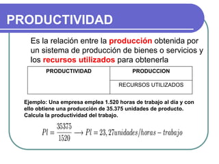 PRODUCTIVIDAD
Es la relación entre la producción obtenida por
un sistema de producción de bienes o servicios y
los recursos utilizados para obtenerla
Ejemplo: Una empresa emplea 1.520 horas de trabajo al día y con
ello obtiene una producción de 35.375 unidades de producto.
Calcula la productividad del trabajo.
PRODUCTIVIDAD PRODUCCION
RECURSOS UTILIZADOS
 