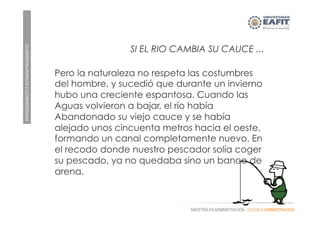 EMPRENDIMIENTOEINTRAEMPRENDIMIENTO
MAESTRÍA EN ADMINISTRACIÓN - ESCUELA ADMINISTRACIÓN
SI EL RIO CAMBIA SU CAUCE ...
Pero la naturaleza no respeta las costumbres
del hombre, y sucedió que durante un invierno
hubo una creciente espantosa. Cuando las
Aguas volvieron a bajar, el río había
Abandonado su viejo cauce y se había
alejado unos cincuenta metros hacia el oeste,
formando un canal completamente nuevo. En
el recodo donde nuestro pescador solía coger
su pescado, ya no quedaba sino un banco de
arena.
 