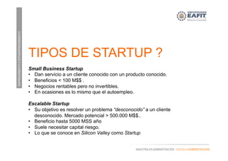 EMPRENDIMIENTOEINTRAEMPRENDIMIENTO
MAESTRÍA EN ADMINISTRACIÓN - ESCUELA ADMINISTRACIÓN
TIPOS DE STARTUP ?
Small Business Startup
•  Dan servicio a un cliente conocido con un producto conocido.
•  Beneficios < 100 M$$ .
•  Negocios rentables pero no invertibles.
•  En ocasiones es lo mismo que el autoempleo.
Escalable Startup
•  Su objetivo es resolver un problema “desconocido” a un cliente
desconocido. Mercado potencial > 500.000 M$$..
•  Beneficio hasta 5000 MSS año
•  Suele necesitar capital riesgo.
•  Lo que se conoce en Silicon Valley como Startup
 