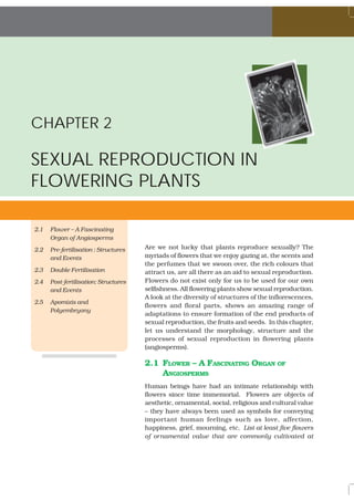 CHAPTER 2

SEXUAL REPRODUCTION IN
FLOWERING PLANTS

2.1   Flower – A Fascinating
      Organ of Angiosperms
2.2   Pre-fertilisation : Structures   Are we not lucky that plants reproduce sexually? The
      and Events                       myriads of flowers that we enjoy gazing at, the scents and
                                       the perfumes that we swoon over, the rich colours that
2.3   Double Fertilisation             attract us, are all there as an aid to sexual reproduction.
2.4   Post-fertilisation: Structures   Flowers do not exist only for us to be used for our own
      and Events                       selfishness. All flowering plants show sexual reproduction.
                                       A look at the diversity of structures of the inflorescences,
2.5   Apomixis and
                                       flowers and floral parts, shows an amazing range of
      Polyembryony
                                       adaptations to ensure formation of the end products of
                                       sexual reproduction, the fruits and seeds. In this chapter,
                                       let us understand the morphology, structure and the
                                       processes of sexual reproduction in flowering plants
                                       (angiosperms).

                                       2.1 FLOWER – A FASCINATING ORGAN OF
                                           ANGIOSPERMS
                                       Human beings have had an intimate relationship with
                                       flowers since time immemorial. Flowers are objects of
                                       aesthetic, ornamental, social, religious and cultural value
                                       – they have always been used as symbols for conveying
                                       important human feelings such as love, affection,
                                       happiness, grief, mourning, etc. List at least five flowers
                                       of ornamental value that are commonly cultivated at
 