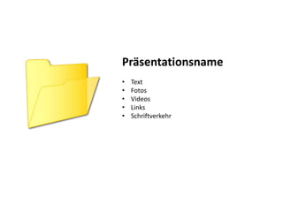 Präsentationsname
•   Text
•   Fotos
•   Videos
•   Links
•   Schriftverkehr
 