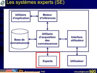 Mohamed Louadi, PhD mlouadi@louadi.com100
Moteur
d’inférences
Utilitaire
d’explication
Utilitaire
d’acquisition
des
connaissances
Interface
utilisateur
Experts Utilisateur
Base de
connaissances
Les systèmes experts (SE)
 
