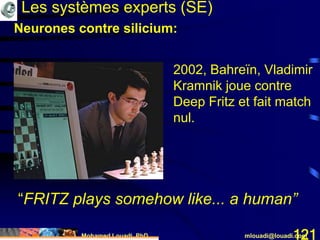 Mohamed Louadi, PhD mlouadi@louadi.com121
2002, Bahreïn, Vladimir
Kramnik joue contre
Deep Fritz et fait match
nul.
“FRITZ plays somehow like... a human”
Les systèmes experts (SE)
Neurones contre silicium:
 