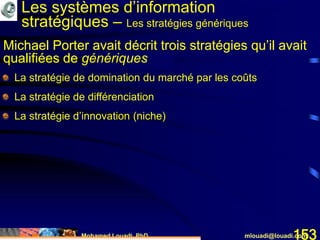 Mohamed Louadi, PhD mlouadi@louadi.com153
Michael Porter avait décrit trois stratégies qu’il avait
qualifiées de ….
La stratégie de domination du marché par les coûts
La stratégie de différenciation
La stratégie d’innovation (niche)
Michael Porter avait décrit trois stratégies qu’il avait
qualifiées de génériques
Les systèmes d’information
stratégiques – Les stratégies génériques
 
