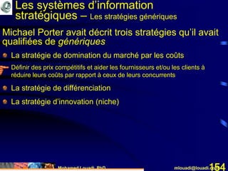 Mohamed Louadi, PhD mlouadi@louadi.com154
La stratégie de domination du marché par les coûts
Définir des prix compétitifs et aider les fournisseurs et/ou les clients à
réduire leurs coûts par rapport à ceux de leurs concurrents
La stratégie de différenciation
La stratégie d’innovation (niche)
Michael Porter avait décrit trois stratégies qu’il avait
qualifiées de génériques
Les systèmes d’information
stratégiques – Les stratégies génériques
 
