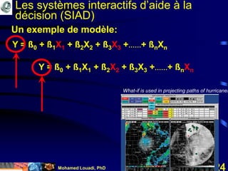 Mohamed Louadi, PhD mlouadi@louadi.com24
Y = ß0 + ß1X1 + ß2X2 + ß3X3 +……+ ßnXn
Un exemple de modèle:
Y = ß0 + ß1X1 + ß2X2 + ß3X3 +……+ ßnXn
What-if is used in projecting paths of hurricanes
Les systèmes interactifs d’aide à la
décision (SIAD)
Y = ß0 + ß1X1 + ß2X2 + ß3X3 +……+ ßnXn
 