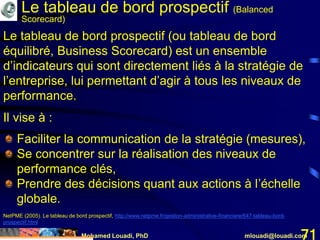 Mohamed Louadi, PhD mlouadi@louadi.com71
Faciliter la communication de la stratégie (mesures),
Se concentrer sur la réalisation des niveaux de
performance clés,
Prendre des décisions quant aux actions à l’échelle
globale.
Le tableau de bord prospectif (ou tableau de bord
équilibré, Business Scorecard) est un ensemble
d’indicateurs qui sont directement liés à la stratégie de
l’entreprise, lui permettant d’agir à tous les niveaux de
performance.
NetPME (2005). Le tableau de bord prospectif, http://www.netpme.fr/gestion-administrative-financiere/647-tableau-bord-
prospectif.html
Il vise à :
Le tableau de bord prospectif (Balanced
Scorecard)
 