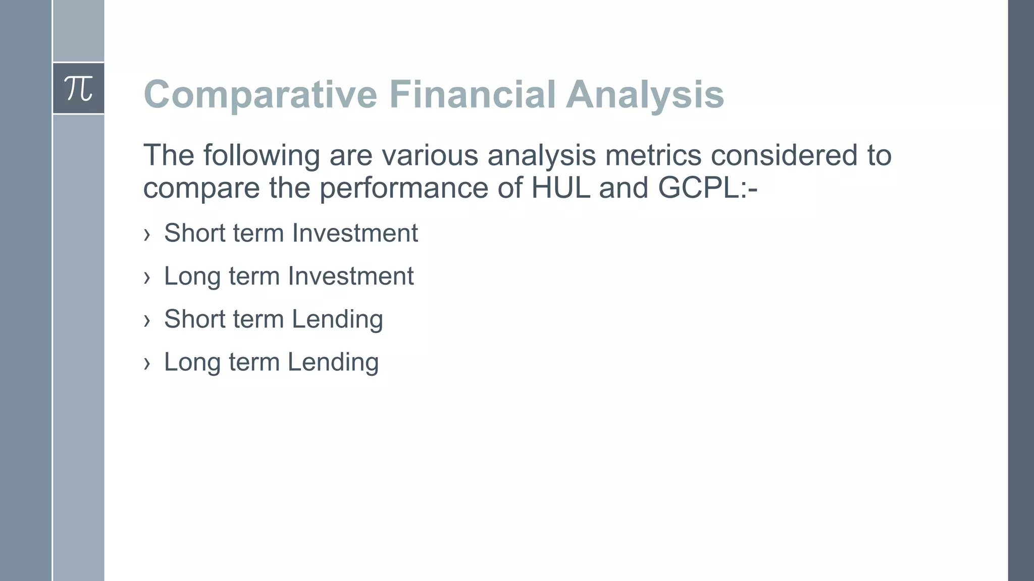 Comparative Financial Analysis
The following are various analysis metrics considered to
compare the performance of HUL and GCPL:› Short term Investment
› Long term Investment
› Short term Lending
› Long term Lending