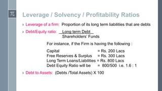Leverage / Solvency / Profitability Ratios
› Leverage of a firm: Proportion of its long term liabilities that are debts

› Debt/Equity ratio:

Long term Debt .
Shareholders’ Funds

For instance, if the Firm is having the following :
Capital
= Rs. 200 Lacs
Free Reserves & Surplus = Rs. 300 Lacs
Long Term Loans/Liabilities = Rs. 800 Lacs
Debt Equity Ratio will be
= 800/500 i.e. 1.6 : 1

› Debt to Assets: (Debts /Total Assets) X 100

 