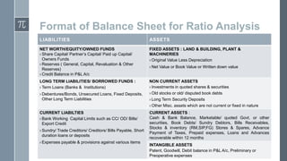 Format of Balance Sheet for Ratio Analysis
LIABILITIES

ASSETS

NET WORTH/EQUITY/OWNED FUNDS
› Share Capital/ Partner’s Capital/ Paid up Capital/
Owners Funds
› Reserves ( General, Capital, Revaluation & Other
Reserves)
› Credit Balance in P&L A/c

FIXED ASSETS : LAND & BUILDING, PLANT &
MACHINERIES
› Original Value Less Depreciation

LONG TERM LIABILITIES/ BORROWED FUNDS :
› Term Loans (Banks & Institutions)

NON CURRENT ASSETS
› Investments in quoted shares & securities
› Old stocks or old/ disputed book debts
› Long Term Security Deposits
› Other Misc. assets which are not current or fixed in nature

› Debentures/Bonds, Unsecured Loans, Fixed Deposits,
Other Long Term Liabilities
CURRENT LIABILTIES
› Bank Working Capital Limits such as CC/ OD/ Bills/
Export Credit
› Sundry/ Trade Creditors/ Creditors/ Bills Payable, Short
duration loans or deposits
› Expenses payable & provisions against various items

› Net Value or Book Value or Written down value

CURRENT ASSETS :
Cash & Bank Balance, Marketable/ quoted Govt. or other
securities, Book Debts/ Sundry Debtors, Bills Receivables,
Stocks & inventory (RM,SIP,FG) Stores & Spares, Advance
Payment of Taxes, Prepaid expenses, Loans and Advances
recoverable within 12 months

INTANGIBLE ASSETS
Patent, Goodwill, Debit balance in P&L A/c, Preliminary or
Preoperative expenses

 