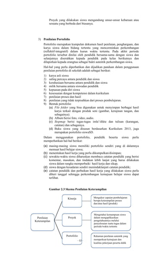 - 12 -
Penilaian
Keterampilan
Portofolio
Proyek
Kinerja
Rekaman penilaian autentik yang
memperkuat kemajuan dan
kualitas pekerjaan peserta didik
Mengetahui kemampuan siswa
dalam mengaplikasikan
pengetahuannya melalui
penyelesaian suatu tugas dalam
periode/waktu tertentu
Mengukur capaian pembelajaran
berupa keterampilan proses
dan/atau hasil (produk)
Proyek yang dilakukan siswa mengandung unsur-unsur kebaruan atau
sesuatu yang berbeda dari biasanya.
3) Penilaian Portofolio
Portofolio merupakan kumpulan dokumen hasil penilaian, penghargaan, dan
karya siswa dalam bidang tertentu yang mencerminkan perkembangan
(reflektif-integratif) dalam kurun waktu tertentu. Pada akhir periode
portofolio tersebut dinilai oleh pendidik bersama-sama dengan siswa dan
selanjutnya diserahkan kepada pendidik pada kelas berikutnya dan
dilaporkan kepada orangtua sebagai bukti autentik perkembangan siswa.
Hal-hal yang perlu diperhatikan dan dijadikan panduan dalam penggunaan
penilaian portofolio di sekolah adalah sebagai berikut:
1) karya asli siswa
2) saling percaya antara pendidik dan siswa
3) kerahasiaan bersama antara pendidik dan siswa
4) milik bersama antara siswadan pendidik
5) kepuasan pada diri siswa
6) kesesuaian dengan kompetensi dalam kurikulum
7) penilaian proses dan hasil
8) penilaian yang tidak terpisahkan dari proses pembelajaran.
9) Bentuk portofolio
(a) File folder yang bisa digunakan untuk menyimpan berbagai hasil
karya terkait dengan produk seni (gambar, kerajinan tangan, dan
sebagainya).
(b) Album berisi foto, video, audio.
(c) Stopmap berisi tugas-tugas imla’/dikte dan tulisan (karangan,
catatan) dan sebagainya.
(d) Buku siswa yang disusun berdasarkan Kurikulum 2013, juga
merupakan portofolio siswaSD.
Dalam menggunakan portofolio, pendidik beserta siswa perlu
memperhatikan hal-hal berikut:
(a) masing-masing siswa memiliki portofolio sendiri yang di dalamnya
memuat hasil belajar siswa;
(b) menentukan hasil kerja yang perlu dikumpulkan/disimpan;
(c) sewaktu-waktu siswa diharuskan membaca catatan pendidik yang berisi
komentar, masukan, dan tindakan lebih lanjut yang harus dilakukan
siswa dalam rangka memperbaiki hasil kerja dan sikap;
(d) siswa dengan kesadaran sendiri menindaklanjuti catatan pendidik;
(e) catatan pendidik dan perbaikan hasil kerja yang dilakukan siswa perlu
diberi tanggal sehingga perkembangan kemajuan belajar siswa dapat
terlihat.
Gambar 2.3 Skema Penilaian Keterampilan
Keterampilan
 