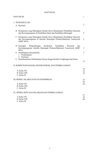 - 1 -
DAFTAR ISI
DAFTAR ISI i
I. PENDAHULUAN
A. Rasional
2
B. Kompetensi yang Diharapkan Setelah Siswa Mempelajari Pendidikan Pancasila
dan Kewarganegaraan di Pendidikan Dasar dan Pendidikan Menengah 2
C. Kompetensi yang Diharapkan Setelah Siswa Mempelajari Pendidikan Pancasila
dan Kewarganegaraan di Sekolah Menengah Pertama/Madrasah Tsanawiyah
(SMP/ MTs)
2
D. Kerangka Pengembangan Kurikulum Pendidikan Pancasila dan
Kewarganegaraan Sekolah Menengah Pertama/Madrasah Tsanawiyah (SMP/
MTs)
3
E. Pembelajaran dan penilaian
1. Pembelajaran
2. Penilaian
5
F. Kontekstualisasi Pembelajaran Sesuai dengan Kondisi Lingkungan dan Siswa
13
II. KOMPETENSI DASAR, MATERI POKOK, DAN PEMBELAJARAN
A. Kelas VII
B. Kelas VIII
C. Kelas IX
III. MODEL SILABUS SATUAN PENDIDIKAN
A. Kelas VII
B. Kelas VIII
C. Kelas IX
IV. MODEL RENCANA PELAKSANAAN PEMBELAJARAN
A. Kelas VII
B. Kelas VIII
C. Kelas IX
14
18
22
27
28
30
31
39
48
 