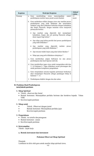 - 43 -
Kegiatan Deskripsi Kegiatan
Alokasi
waktu
Penutup a. Guru membimbing siswa menyimpulkan materi
pembelajaran melalui tanya jawab secara klasikal.
b. Guru melakukan refleksi dengan siswa atas manfaat proses
pembelajaran yang telah dilakukan dan menentukan
tindakan yang akan dilakukan berkaitan dengan kedudukan
dan fungsi Pancasila, dengan meminta siswa menjawab
pertanyaan berikut :
 Apa manfaat yang diperoleh dari mempelajari
kedudukan, fungsi, dan arti penting Pancasila sebagai
dasar negara bagi kalian ?
 Apa sikap yang kalian peroleh dari proses pembelajaran
yang telah dilakukan ?
 Apa manfaat yang diperoleh melalui proses
pembelajaran yang telah dilakukan ?
 Apa rencana tindak lanjut yang akan kalian lakukan ?
 Sikap apa yang perlu dilakukan selanjutnya ?
c. Guru memberikan umpan balik/post tes atas proses
pembelajaran dan hasil laporan individu
d. Guru memberikan tugas siswa untuk mengerjakan aktivitas
1.1 di halaman 6. Tugas dilakukan secara perorangan dan
untuk penilaian kompetensi pengetahuan
e. Guru menjelaskan rencana kegiatan pertemuan berikutnya
akan mempelajari Pancasila sebagai pandangan hidup di
halaman 7 - 11.
f. Pembelajaran diakhiri dengan doa dan salam.
15
menit
H. Penilaian Hasil Pembelajaran
Jenis/teknik penilaian
1. Sikap Spiritual
 Teknik : observasi dan Jurnal
 Bentuk Instrumen: Menunjukkan perilaku beriman dan bertakwa kepada Tuhan
YME
 Kisi-kisi/aspek penilaian
2. Sikap sosial
 Teknik : Observasi dengan jurnal
 Bentuk Instrumen: Menunjukkan perilaku jujur
 Kisi-kisi/aspek penilaian
3. Pengetahuan
 Teknik : tes tertulis dan penugasan
 Bentuk Instrumen : uraian
 Kisi-Kisi/aspek penilaian
4. Keterampilan
Teknik : unjuk kerja
a. Bentuk instrument dan instrument
Pedoman Observasi Sikap Spiritual
Petunjuk:
Lembaran ini diisi oleh guru untuk menilai sikap spiritual siswa.
 