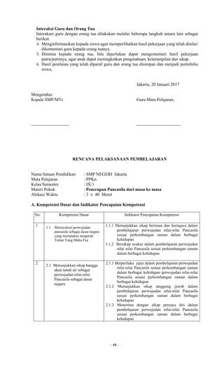 - 48 -
Interaksi Guru dan Orang Tua
Interakasi guru dengan orang tua dilakukan melalui beberapa langkah antara lain sebagai
berikut.
4. Menginformasikan kepada siswa agar memperlihatkan hasil pekerjaan yang telah dinilai/
dikomentari guru kepada orang tuanya.
5. Diminta kepada orang tua, bila diperlukan dapat mengomentari hasil pekerjaan
putra/putrinya, agar anak dapat meningkatkan pengetahuan, keterampilan dan sikap.
6. Hasil penilaian yang telah diparaf guru dan orang tua disimpan dan menjadi portofolio
siswa.
Jakarta, 20 Januari 2017
Mengetahui
Kepala SMP/MTs Guru Mata Pelajaran,
-------------------------- ------------------------------
RENCANA PELAKSANAAN PEMBELAJARAN
Nama Satuan Pendidikan : SMP NEGERI Jakarta
Mata Pelajaran : PPKn
Kelas/Semester : IX/1
Materi Pokok : Penerapan Pancasila dari masa ke masa
Alokasi Waktu : 3 x 40 Menit
A. Kompetensi Dasar dan Indikator Pencapaian Kompetensi
No. Kompetensi Dasar Indikator Pencapaian Kompetensi
1 1.1 Mensyukuri perwujudan
pancasila sebagai dasar negara
yang merupakan anugerah
Tuhan Yang Maha Esa
1.1.1 Menunjukkan sikap beriman dan bertaqwa dalam
pembelajaran perwujudan nilai-nilai Pancasila
sesuai perkembangan zaman dalam berbagai
kehidupan
1.1.2 Bersikap syukur dalam pembelajaran perwujudan
nilai nilai Pancasila sesuai perkembangan zaman
dalam berbagai kehidupan
2
2.1 Menunjukkan sikap bangga
akan tanah air sebagai
perwujudan nilai-nilai
Pancasila sebagai dasar
negara
2.1.1 Berperilaku jujur dalam pembelajaran perwujudan
nilai-nilai Pancasila sesuai perkembangan zaman
dalam berbagai kehidupan perwujudan nilai-nilai
Pancasila sesuai perkembangan zaman dalam
berbagai kehidupan
2.1.2 Menunjukkan sikap tanggung jawab dalam
pembelajaran perwujudan nilai-nilai Pancasila
sesuai perkembangan zaman dalam berbagai
kehidupan
2.1.3 Menerima dengan sikap percaya diri dalam
pembelajaran perwujudan nilai-nilai Pancasila
sesuai perkembangan zaman dalam berbagai
kehidupan
 