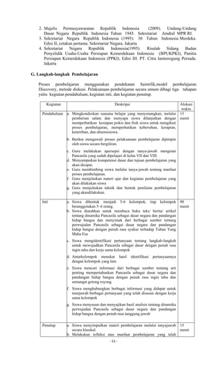 - 51 -
2. Majelis Permusyawaratan Republik Indonesia (2009). Undang-Undang
Dasar Negara Republik Indonesia Tahun 1945. Sekretariat Jendral MPR RI.
3. Sekretariat Negara Republik Indonesia (1995). 30 Tahun Indonesia Merdeka.
Edisi II, cetakan pertama. Sekretariar Negara. Jakarta
4. Sekretariat Negara Republik Indonesia(1995). Risalah Sidang Badan
Penyelidik Usaha-Usaha Persiapan Kemerdekaan Indonesia (BPUKPKI), Panitia
Persiapan Kemerdekaan Indonesia (PPKI). Edisi III. PT. Citra lamtorogung Persada.
Jakarta
G. Langkah-langkah Pembelajaran
Proses pembelajaran menggunakan pendekatan Saintifik,model pembelajaran
Discovery, metode diskusi. Pelaksanaan pembelajaran secara umum dibagi tiga tahapan
yaitu kegiatan pendahuluan, kegiatan inti, dan kegiatan penutup.
Kegiatan Deskripsi Alokasi
waktu
Pendahuluan a. Mengkondisikan suasana belajar yang menyenangkan, melalui
pemberian salam dan menyapa siswa dilanjutkan dengan
memperhatikan kesiapan psikis dan fisik siswa untuk mengikuti
proses pembelajaran, memperhatikan kebersihan, kerapian,
ketertiban, dan absensisiswa.
b. Berdoa mengawali proses pelaksanaan pembelajaran dipimpin
oleh siswa secara bergiliran.
c. Guru melakukan apersepsi dengan tanya-jawab mengenai
Pancasila yang sudah dipelajari di kelas VII dan VIII.
d. Menyampaikan kompetensi dasar dan tujuan pembelajaran yang
akan dicapai.
e. Guru membimbing siswa melalui tanya-jawab tentang manfaat
proses pembelajaran.
f. Guru menjelaskan materi ajar dan kegiatan pembelajaran yang
akan dilakukan siswa
g. Guru menjelaskan teknik dan bentuk penilaian pembelajaran
yang akandilakukan.
15
menit
Inti a. Siswa dibentuk menjadi 5-6 kelompok, tiap kelompok
beranggotakan 5–6 orang.
b. Siswa diarahkan untuk membaca buku teks/ berita/ artikel
tentang dinamika Pancasila sebagai dasar negara dan pandangan
hidup bangsa dan menyimak dari berbagai sumber tentang
perwujudan Pancasila sebagai dasar negara dan pandangan
hidup bangsa dengan penuh rasa syukur terhadap Tuhan Yang
Maha Esa
c. Siswa mengidentifikasi pertanyaan tentang langkah-langkah
untuk mewujudkan Pancasila sebagai dasar dengan penuh rasa
ingin tahu dan kerja sama kelompok
d. Antarkelompok menukar hasil identifikasi pertanyaannya
dengan kelompok yang lain
e. Siswa mencari informasi dari berbagai sumber tentang arti
penting mempertahankan Pancasila sebagai dasar negara dan
pandangan hidup bangsa dengan penuh rasa ingin tahu dan
semangat gotong royong
f. Siswa menghubungkan berbagai informasi yang didapat untuk
menjawab berbagai pertanyaan yang telah disusun dengan kerja
sama kelompok
g. Siswa menyusun dan menyajikan hasil analisis tentang dinamika
perwujudan Pancasila sebagai dasar negara dan pandangan
hidup bangsa dengan penuh rasa tanggung jawab
90
menit
Penutup a. Siswa menyimpulkan materi pembelajaran melalui tanyajawab
secara klasikal.
b. Melakukan refleksi atas manfaat pembelajaran yang telah
15
menit
 