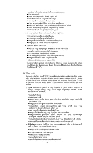 - 7 -
menjaga kelestarian alam, tidak merusak tanaman
tidak mengeluh
selalu merasa gembira dalam segala hal
tidak berkecil hati dengan keadaannya
suka memberi atau menolong sesama
selalu berterima kasih bila menerima pertolongan
menerima perbedaan karakteristik sebagai anugerah Tuhan
selalu menerima penugasan dengan sikap terbuka
berterima kasih atas pemberian orang lain
c) berdoa sebelum dan sesudah melakukan kegiatan;
berdoa sebelum dan sesudah belajar
berdoa sebelum dan sesudah makan
mengajak teman berdoa saat memulai kegiatan
mengingatkan teman untuk selalu berdoa
d) toleransi dalam beribadah;
tindakan yang menghargai perbedaan dalam beribadah
menghormati teman yang berbeda agama
berteman tanpa membedakan agama
tidak mengganggu teman yang sedang beribadah
menghormati hari besar keagamaan lain
tidak menjelekkan ajaran agama lain.
Indikator sikap spiritual tersebut dapat ditambah sesuai karakteristik satuan
pendidikan dan dicantumkan dalam dokumen I Kurikulum Tingkat Satuan
Pendidikan (KTSP).
(2) Sikap Sosial
Kompetensi sikap sosial (KI-2) yang akan diamati mencakup perilaku antara
lain: jujur, disiplin, tanggung jawab, santun, peduli, dan percaya diri dalam
berinteraksi dengan keluarga, teman, guru, dan tetangga, dan negara. Contoh
penjabaran indikator sikap sosial Penjelasan dari masing-masing perilaku
adalah:
a) jujur merupakan perilaku yang didasarkan pada upaya menjadikan
dirinya sebagai orang yang selalu dapat dipercaya, selaras dalam
perkataan dan tindakan;
tidak berbohong
tidak mencontek
mengerjakan sendiri tugas yang diberikan pendidik, tanpa menjiplak
tugas orang lain
mengerjakan soal penilaian tanpa mencontek
mengatakan dengan sesungguhnya apa yang terjadi atau yang
dialaminya dalam kehidupan sehari-hari
mau mengakui kesalahan atau kekeliruan
mengembalikan barang yang dipinjam atau ditemukan
mengemukakan pendapat sesuai dengan apa yang diyakininya,
walaupun berbeda dengan pendapat teman
mengemukakan ketidaknyamanan belajar yang dirasakannya di sekolah
membuat laporan kegiatan kelas secara terbuka (transparan)
b) disiplin merupakan tindakan yang menunjukkan perilaku tertib dan patuh
pada berbagai ketentuan dan peraturan;
mengikuti peraturan yang ada di sekolah
tertib dalam melaksanakan tugas
hadir di sekolah tepat waktu
masuk kelas tepat waktu
memakai pakaian seragam lengkap dan rapi
 